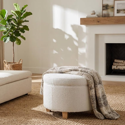 HomePop 24" Large Round Storage Ottoman - Cream Boucle - color: Cream Boucle