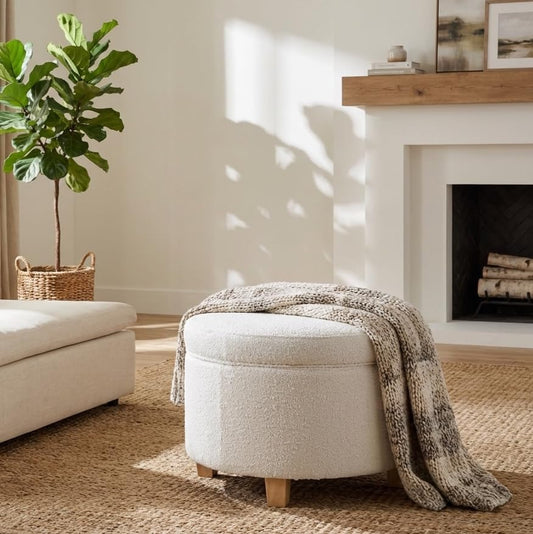 HomePop 24" Large Round Storage Ottoman - Cream Boucle - color: Cream Boucle