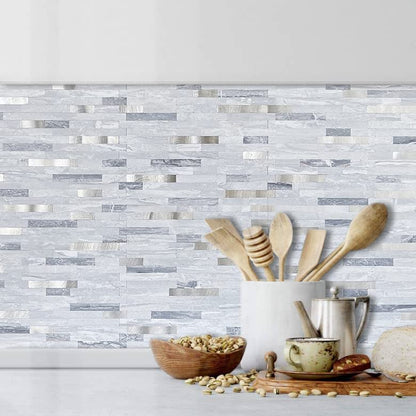 DICOFUN 10-Sheets Peel and Stick Backsplash Wall Tile, Faxu Stone PVC Mixed Metal Kitchen Backsplash Peel and Stick in Light Grey - color: Light Grey and Metal Silver, size: 10 Sheets, 12’’x12’’x0.12’’