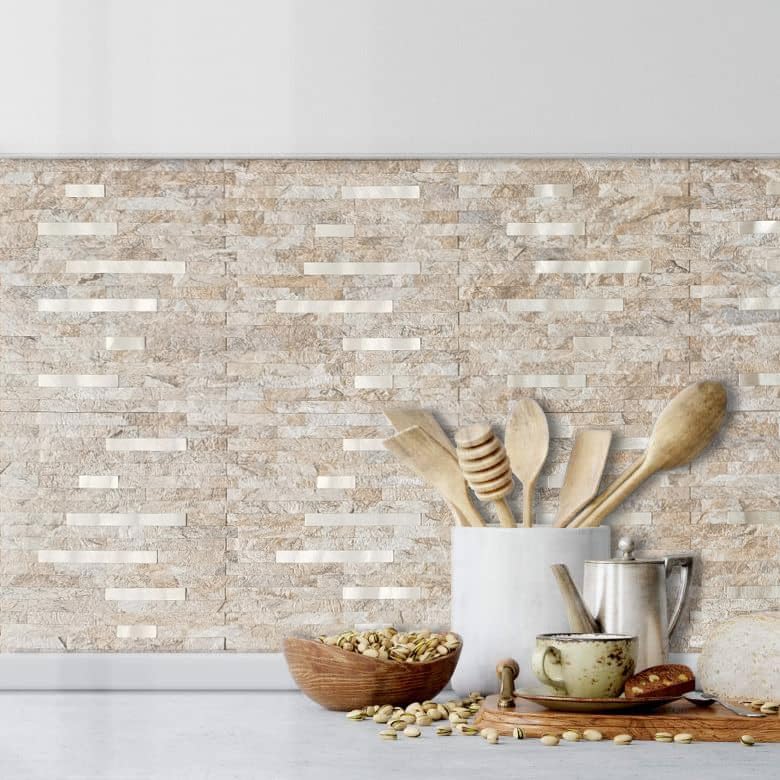 DICOFUN 10-Sheet Peel and Stick Backsplash Wall Tile, PVC Kitchen Backsplash Peel and Stick in Sandstone, 9.4 sq.ft - color: Sandstone and Metal Gold, size: 10 Sheets, 12’’x12’’x0.12’’