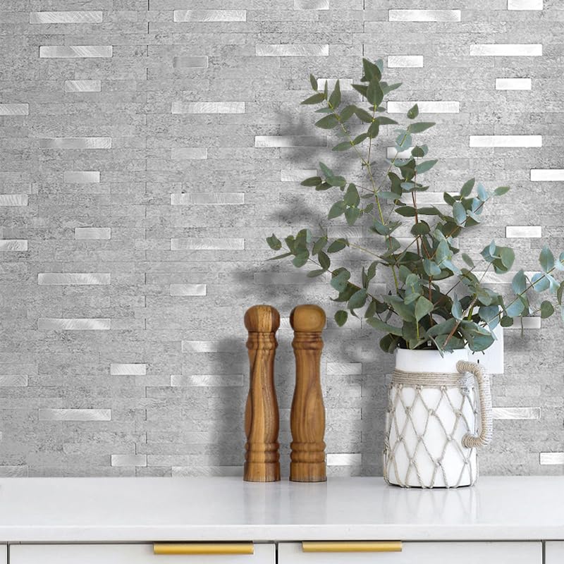 DICOFUN 10 Sheets Peel and Stick Backsplash Wall Tiles, PVC Kitchen Backsplash Peel and Stick in Grey, 9.4 sq.ft - color: Grey and Metal Silver, size: 10 Sheets, 12’’x12’’x0.12’’