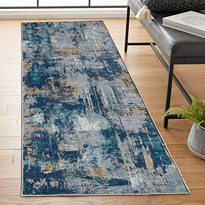 ReaLife Machine Washable Area Rug Runner - Living Room Bedroom Bathroom Kitchen Entryway Office - Padded Low Pile Stain Resistant Premium - Modern Abstract Colorful - ASA - Blue 2'6" x 6' - color: Abstract Modern - Blue, size: 2'6" x 6' (Rectangular)
