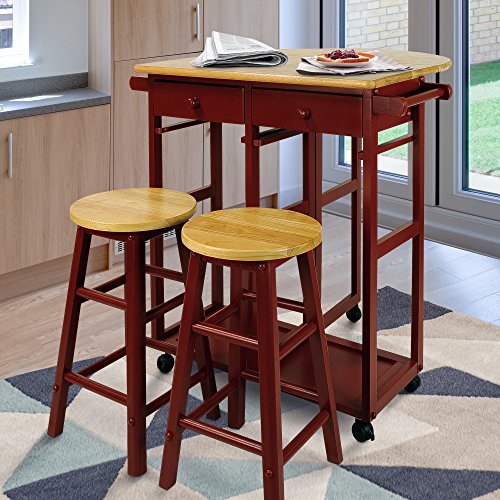 Casual Home Drop Leaf Breakfast Cart with 2 Stools-Red - color: Natural&red