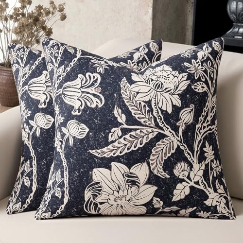 Cotton Navy Blue 16x16 Floral Decorative Sofa Couch Throw Pillow Covers | Set of 2 Panels,Lumbar Pillow,Rectangle,Printed Patterned,Living Room Bedroom Office,Boho Modern Retro Country Farmhouse - color: Bf-navy Blue, size: 16" x 16" (Pack of 2)