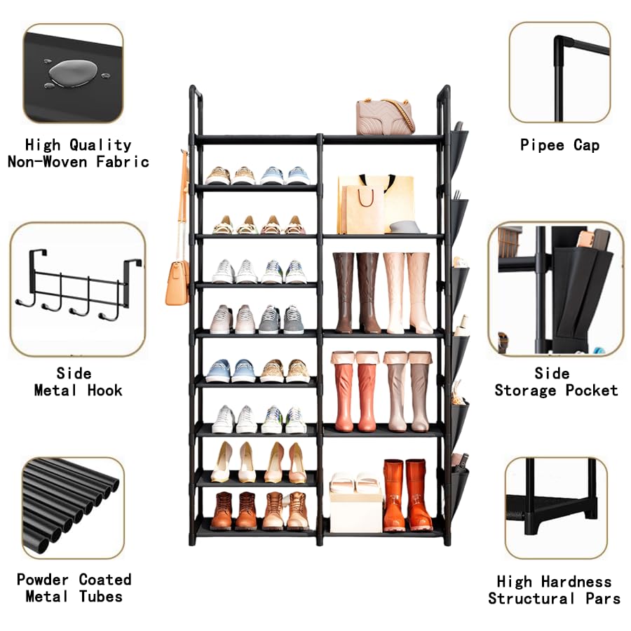 9 Tier Shoe Rack Organizer with Hook and Side Pocket, Holds 25-35 Pairs | Entryway Heavy Duty Shoe Rack, Tall Shoe Boot Storage, Metal Shelf for Storing Handbags, Boxes, Books, Umbrella, Keys, Hats - size: M 9-Tier