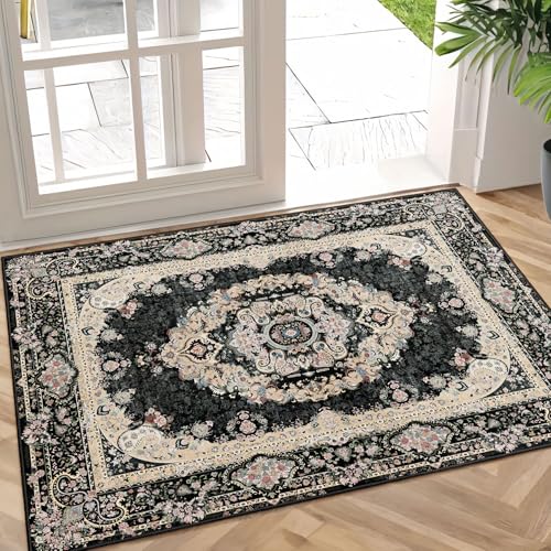 Small Rugs 2x3,Black Rug for Entryway Bathroom Bedroom Kitchen Entrance Doormat,Boho Vintage Bohemian Distressed Washable Accent Floor Throw Carpet Non Slip,Floral - color: Black, size: 2'x3'