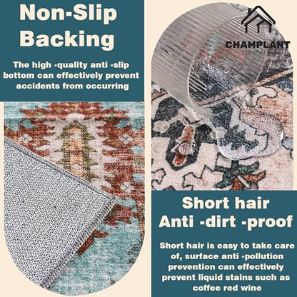 CHAMPLANT Washable Area Rug 8'x10' Blue Khaki Retro Boho Design Non-Shedding Non-Slip Easy Care Ideal for High Traffic Areas in Living Room Bedroom Office Coffee Table Kitchen Large Carpet - color: Blue Khaki, size: 8' x 10' (Rectangular)