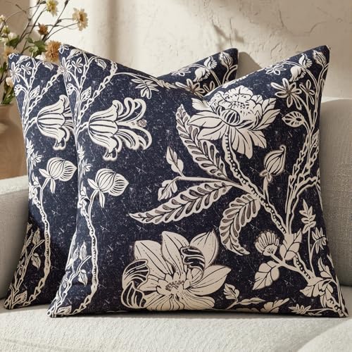 Cotton Navy Blue 18x18 Floral Decorative Sofa Couch Throw Pillow Covers | Set of 2 Panels,Lumbar Pillow,Rectangle,Printed Patterned,Living Room Bedroom Office,Boho Modern Retro Country Farmhouse - color: Bf-navy Blue, size: 18" x 18" (Pack of 2)