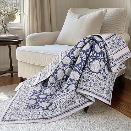 Levtex Home - Adare Denim Quilted Throw - (50x60in.) - Floral - Blue White - Reversible - Cotton - color: Denim