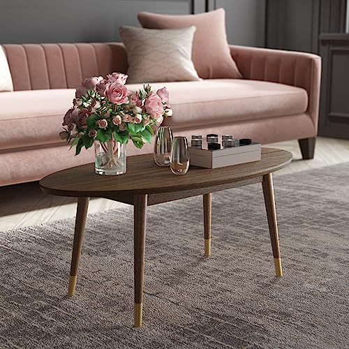 Elle Decor Clemintine Oval Coffee Table, Mid-Century Modern Wood Cocktail Table with Walnut Brown Finish and Brass-Capped Legs for Living Room