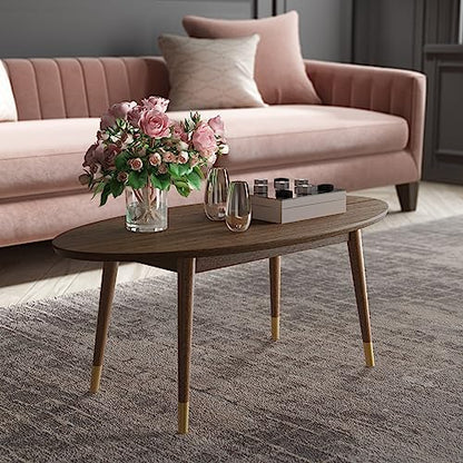 Elle Decor Clemintine Oval Coffee Table, Mid-Century Modern Wood Cocktail Table with Walnut Brown Finish and Brass-Capped Legs for Living Room