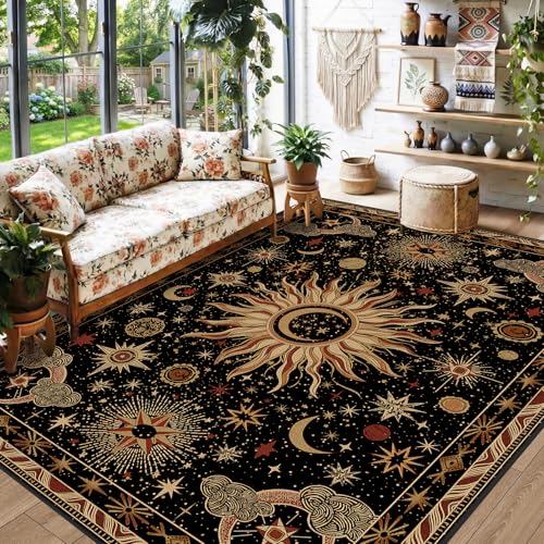 Vacuum-Friendly, 5x7 Washable Area Rug, Black Gold Beige Red | Sun and Moon Boho Gothic Non-Slip Low Pile Living Roon Bedroom Dining Room Kitchen Entry Entryway Entrance Hallway Doormat - color: Black/Gold/Beige/Red, size: 5' x 7' (Rectangular)