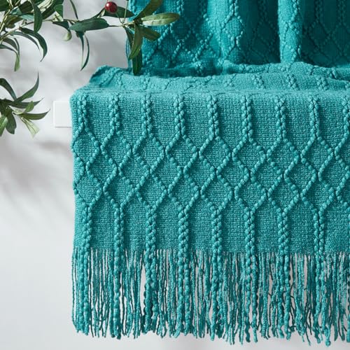 KASYLAN Acrylic Knitted Throw Blanket for Sofa Bed 50x60 Inch Teal | Cozy acrylic knitted throw, warm lightweight blanket, washable teal cover for couch, bed & living room decor - color: Rhombu-teal