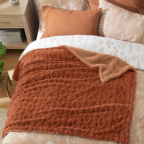 Bedsure Gentlesoft Sherpa Fleece Blanket Twin Size for Bed - Fluffy & Cozy Cable Jacquard Tufted for Women Gift, Thick and Warm Christmas Blanket for Winter, Orange, 60x80 Inches | Ultra-Soft, Cozy, Fuzzy for Fall, Winter, Ideal for Couch, Living Room, Gi
