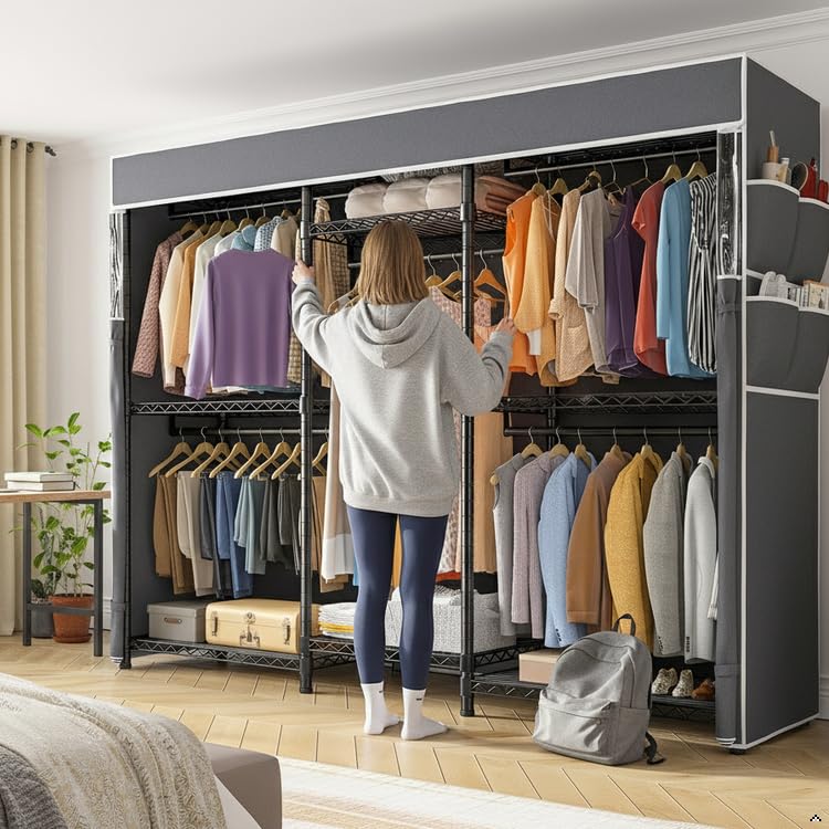 Raybee Clothes Rack with Cover,Clothing Racks for Hanging Clothes,Portable Closet, Adjustable,Metal,Max Load 900lbs,Black - color: Black, style: Clothing Rack with Cover