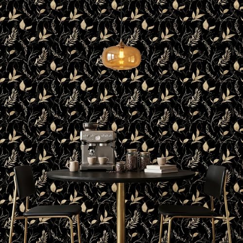 Dark Black and Gold Leaf Peel and Stick Wallpaper 17.7" x 70.8" | Self-adhesive removable waterproof leaf design for bedroom accent walls and renter friendly spaces - color: Black&Gold, size: 17.7" x 70.8"