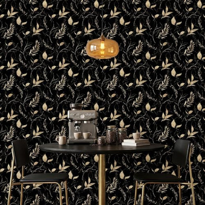 Dark Black and Gold Leaf Peel and Stick Wallpaper 17.7" x 70.8" | Self-adhesive removable waterproof leaf design for bedroom accent walls and renter friendly spaces - color: Black&Gold, size: 17.7" x 70.8"