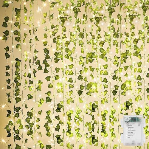 KASZOO 84Ft 12-Pack Artificial Ivy Garland, Fake Hanging Ivy Vines with 80 LED Battery-Operated String Lights and Remote Control for Bedroom, Wall, Wedding, Party and Garden Decor, Green - size: 12 pack Artificial Ivy with 80 LED
