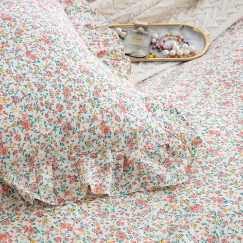 DAUAOTO Full Size Ruffle Duvet Cover Set, 100% Cotton, Kids Teen Girls Duvet Cover 82"X86" + 2 Shams, Ditsy Floral Pattern Pink - color: Pattern 10#, size: 82"x86" Full Cover + 2 Shams