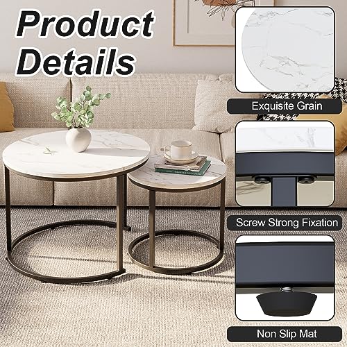aboxoo Round Nesting Coffee Table Side Table Set of 2 End Tables for Living Room Bedroom Balcony, White Faux Marble Wooden Table Accent Coffee Table with Black Steel Frame - color: White Marble
