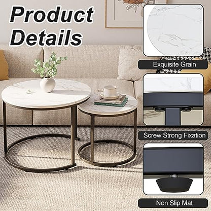 aboxoo Round Nesting Coffee Table Side Table Set of 2 End Tables for Living Room Bedroom Balcony, White Faux Marble Wooden Table Accent Coffee Table with Black Steel Frame - color: White Marble