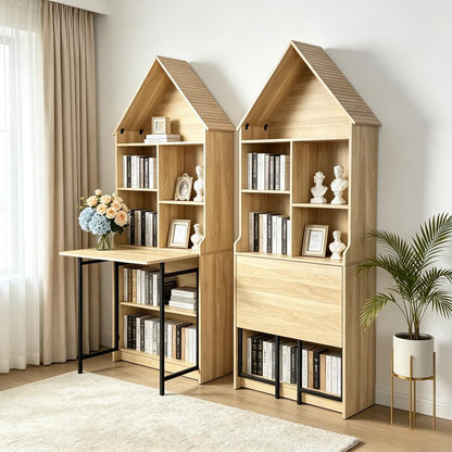 FNK Folding A-Frame Bookshelf Narrow Bookcase with Hideaway Craft Desk | Convertible Hideaway Desk to Bookshelf for Small Spaces, Multifunctional Craft Table & Vanity - color: Natural