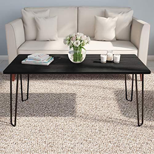Lavish Home Small Space Coffee Table with Hairpin Legs – Minimalist Industrial Living Room Table with Woodgrain-Look Top and Steel Legs (Black) - color: Black Woodgrain