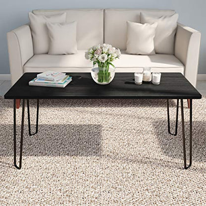 Lavish Home Small Space Coffee Table with Hairpin Legs – Minimalist Industrial Living Room Table with Woodgrain-Look Top and Steel Legs (Black) - color: Black Woodgrain