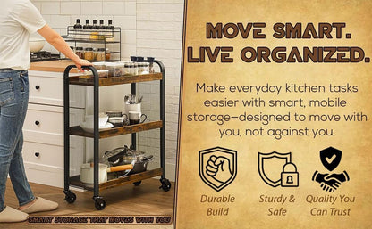 HYGRAD BUILT TO SURVIVE 3-Tier Wooden/Metal Industrial Style Rustic Narrow Rolling Cart with Wheels - Kitchen Serving Cart, Utility Storage Trolley Shelves for Small Spaces Office, Home