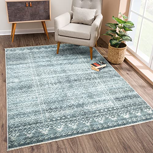 Bloom Rugs Washable Non-Slip 2x3 Rug - Teal/Ivory Geometric Area Rug for Living Room, Bedroom, Dining Room, and Kitchen - Exact Size: 2' x 3' - color: Teal / Ivory, size: 2' x 3' (Rectangular)