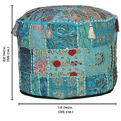 Indian Pouf Footstool Ethnic Embroidered Pouf Cover, Indian Cotton Round Pouffe Ottoman - Cover Only (Turquoise, 22x14) - color: Turquoise, size: 13"D x 13"W x 18"H