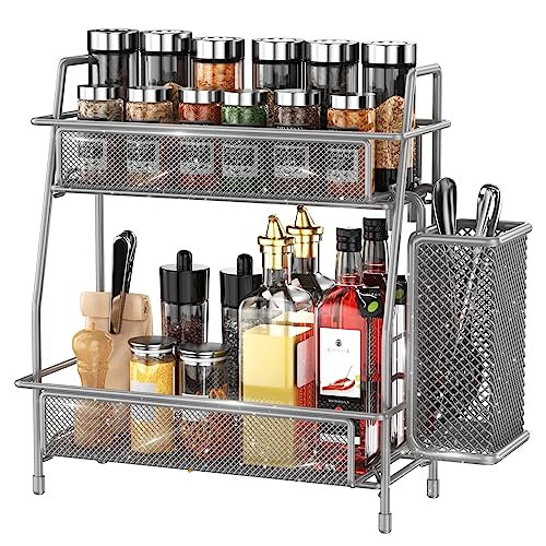 Spice Rack Organizer for Kitchen Counter, Spices Organizer and Storage Seasoning Organizer for Cabinet, Kitchen Metal Countertop Organizer with Side Basket (Grey) - color: Grey (Size: 7" x 12" x 13")