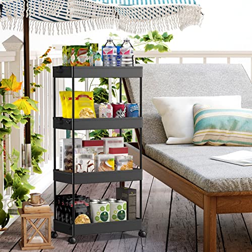 SPACEKEEPER Storage Cart 4-Tier, Bathroom Rolling Cart Utility Storage Organizer Shelf Mobile Shelving Unit for Kitchen Living Room Bathroom Laundry Room & Dressers, Black | Mobile Storage Cart for Laundry Room Organization,Kitchen,Office,Bathroom, Utilit
