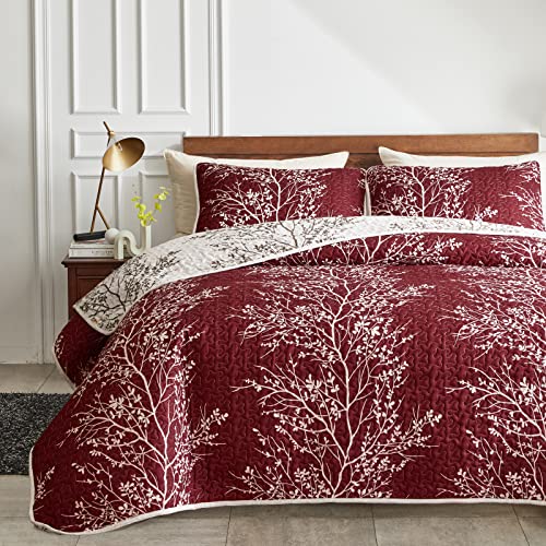 3 Pieces Christmas Quilt Set Burgundy Red Branch Queen Size 88x88 Soft Microfiber Lightweight Coverlet Bedspread New Year Holiday Bedding Set Bed Cover for All Season (1 Quilt+ 2 Shams) - color: Red Branch, size: Queen(88x88)