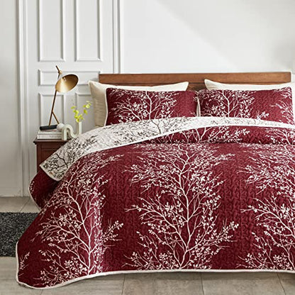 3 Pieces Christmas Quilt Set Burgundy Red Branch Queen Size 88x88 Soft Microfiber Lightweight Coverlet Bedspread New Year Holiday Bedding Set Bed Cover for All Season (1 Quilt+ 2 Shams) - color: Red Branch, size: Queen(88x88)