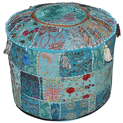 Indian Pouf Footstool Ethnic Embroidered Pouf Cover, Indian Cotton Round Pouffe Ottoman - Cover Only (Turquoise, 22x14) - color: Turquoise, size: 13"D x 13"W x 18"H