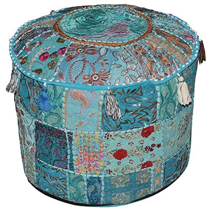 Indian Pouf Footstool Ethnic Embroidered Pouf Cover, Indian Cotton Round Pouffe Ottoman - Cover Only (Turquoise, 22x14) - color: Turquoise, size: 13"D x 13"W x 18"H