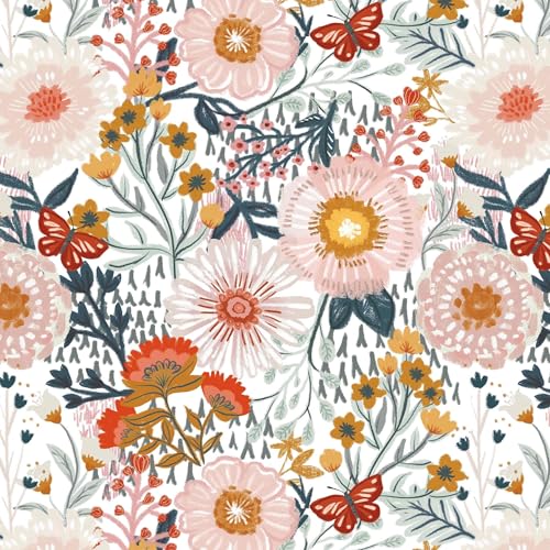 Floral Wallpaper Peel and Stick Wallpaper Boho Retro Contact Paper 17.3''x385'' White Bohemian Vintage Removable Wall Paper Renter Friendly Waterproof Wall Mural Bedroom Bathroom Vinyl - color: White&Pink Floral, size: 17.3" x 385"