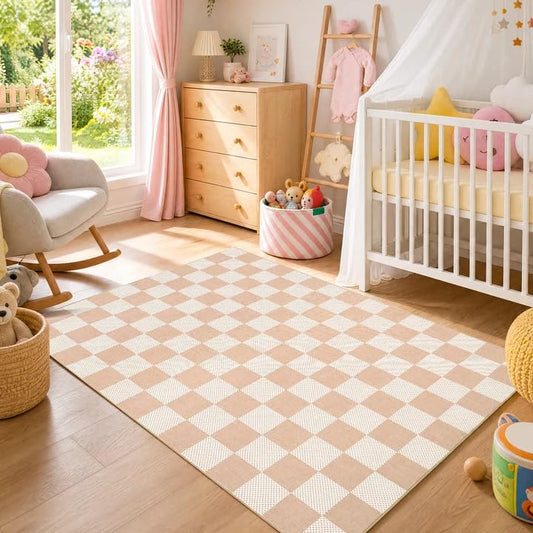 GarveeHome Checkered Blush Beige 3x5 Washable Rug Low-Pile Bedroom Nursery | Non-Slip Blush Beige Soft Stain Resistant Rug for Bedroom Bathroom Living Room Geometric Modern Rug TPE Backing - color: Blush Beige, size: 3' x 5' (Rectangular)