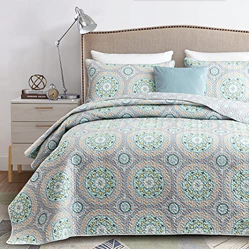 CHIXIN Boho Quilt Queen Size - Bohemian Chic Medallion Design - Lightweight Bedspread Coverlet Set, Ultrasonic Quilting Mandala Bedding Cover for All Season, 3 Piece, Aqua Blue - color: Skyblue/Wheat/White, size: Full/Queen(90"x92")