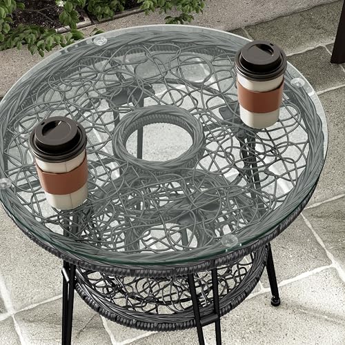 Furniture of America Ysar Boho 19-inch Round Coffee Table Outdoor with Tempered Glass Top and Metal Frame, Handcrafted Coastal Furniture for Patio, Poolside, Garden, Yard, Black - color: Black/19 In.