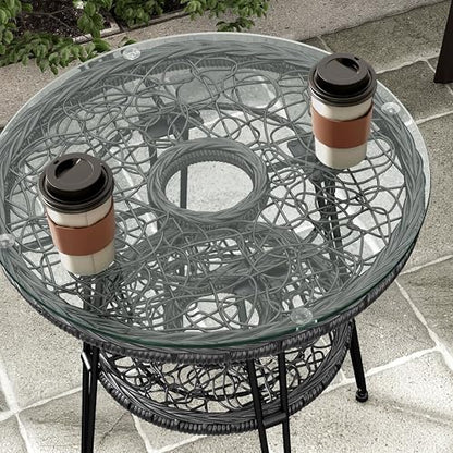 Furniture of America Ysar Boho 19-inch Round Coffee Table Outdoor with Tempered Glass Top and Metal Frame, Handcrafted Coastal Furniture for Patio, Poolside, Garden, Yard, Black - color: Black/19 In.