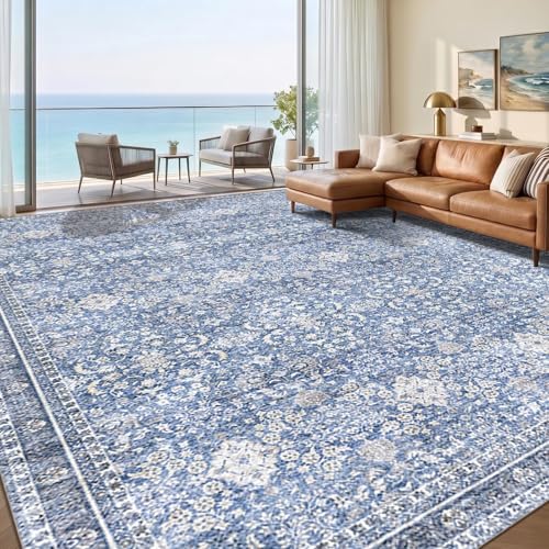 Sasttie 9x12 Area Rugs, Ultra-Soft Washable Rug for Living Room, Blue | 9 by 12 Thin Carpet for Apartment & Bedroom, Low-Pile Faux Cashmere, Non-Slip Backing, Skin-Friendly, Stain Resistant - color: Blue, size: 9' x 12' (Rectangular)