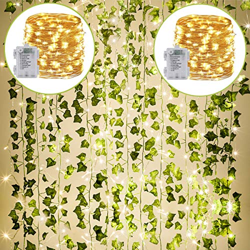 KASZOO 24Pack / Each 82 inch, Artificial Ivy Garland Fake Plants with 160 LED String Light, Green for Wedding Party Garden Outdoor Greenery Wall Decoration - size: 24 pack Artificial Ivy with 160 LED