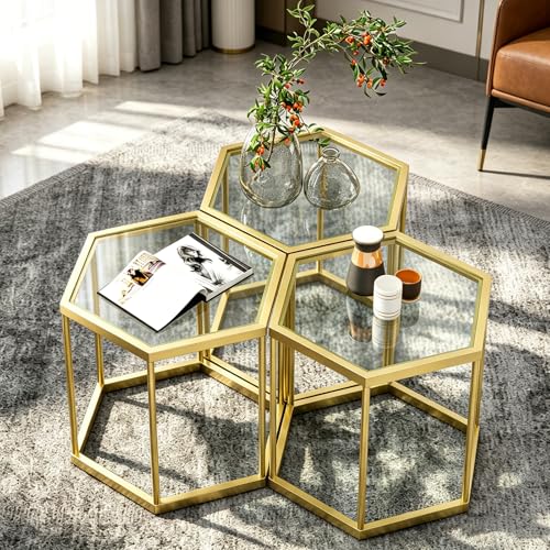 Hexagonal Modular Coffee Table, Gold Plated Frame, Tempered Glass Top, Geometric Accent Side Table, Multi-Purpose Nesting Table for Living Room Bedroom, Set of 3 - size: 3 Piece