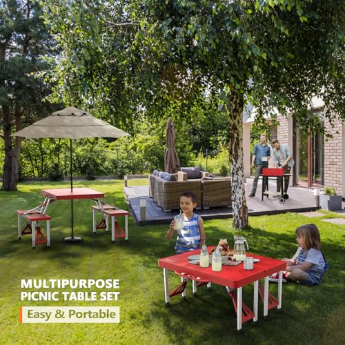VINGLI 4 Ft Portable Folding Picnic Table Camping Table Foldable Set with 4 Seats with Umbrella Hole Suitcase Card Table-220 Lbs Support Aluminum Frame, Plastic RV Tabletop for Yard, Travel - color: Red