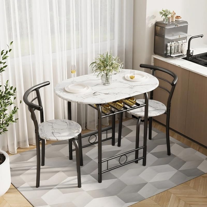 Shahoo 3-Piece Dining Table Set for 2, Kitchen Breakfast Nook Set | 2 Chairs & Round Tabletop, Space Saving Wooden Furniture Metal Frame and Built-in Wine Rack, Marble White & Black - color: Marble White & Black
