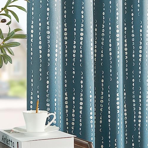 jinchan Boho Blackout Curtains 63 Inch Length Moon Phase Printed Drapes | Blue Farmhouse Curtains for Bedroom Living Room Back Tab Drapes Room Darkening Window Treatments 2 Panels - color: Luna | Blue, size: 52"W x 63"L (Pack of 2)