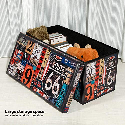 B FSOBEIIALEO Folding Storage Ottoman Cube Bench with Faux Leather Ottomans Footrest Seat, Coffee Table Route 66