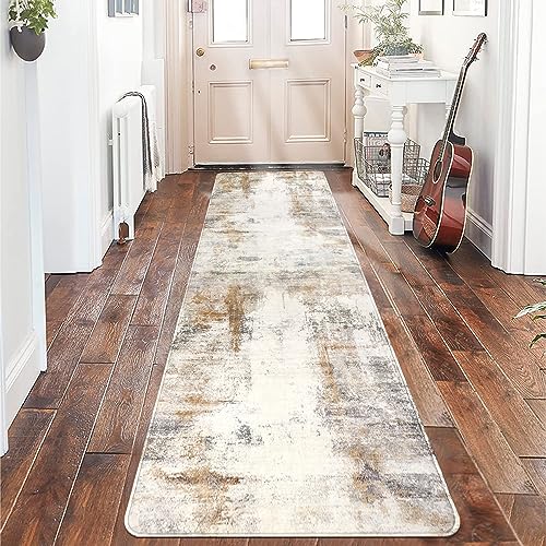 famibay Runners for Hallways Non Slip, Modern Abstract Washable Runner Rug, Soft Hallway Rug Pet Friendly Faux Wool Low Pile Carpet Floor Runner for Kitchen Bathroom Bedroom(Beige/Camel) - color: Beige and Camel, size: 2 x 8 feet